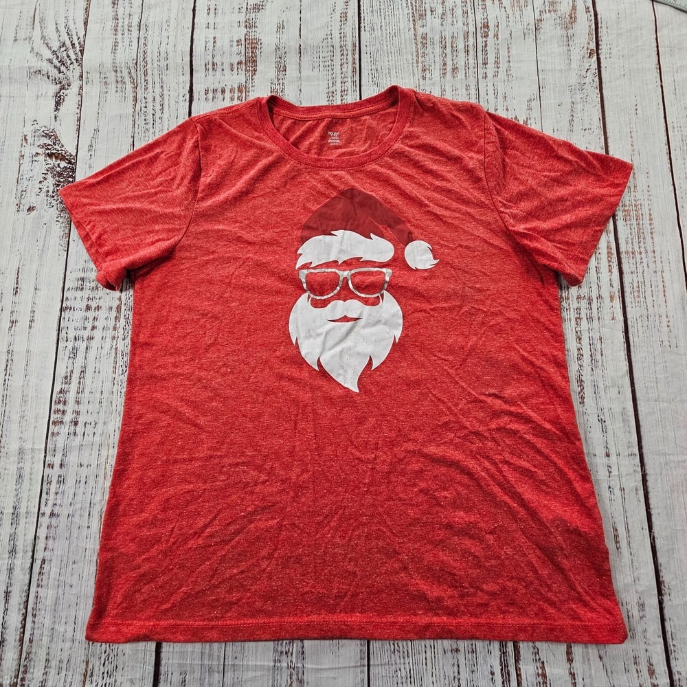 Santa Claus Sunglasses Red Short Sleeve Polyester Blend T-Shirt Women's L